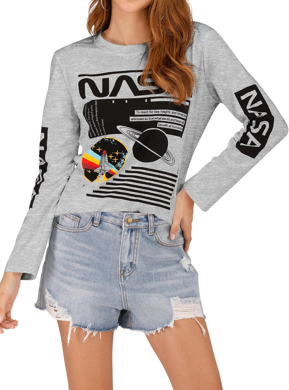 Women Long Sleeve Graphic Shirts NASA Space Letter Print Crew Neck Tee Tops Tshirt