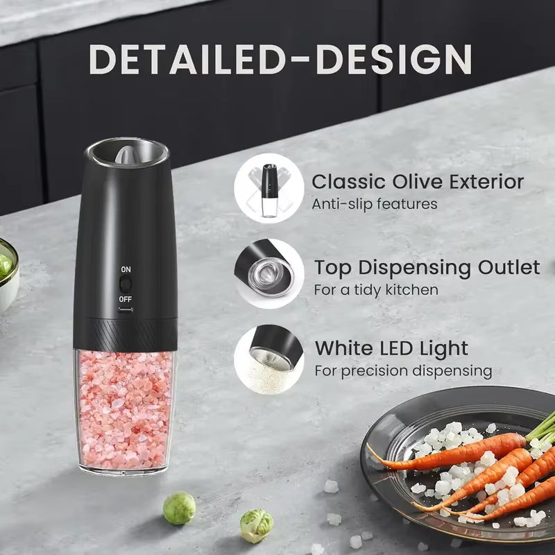 Gravity-Activated Salt & Pepper Grinder Set - 2-Pack Rechargeable Electric Mills with LED Light | No Batteries, Adjustable Coars