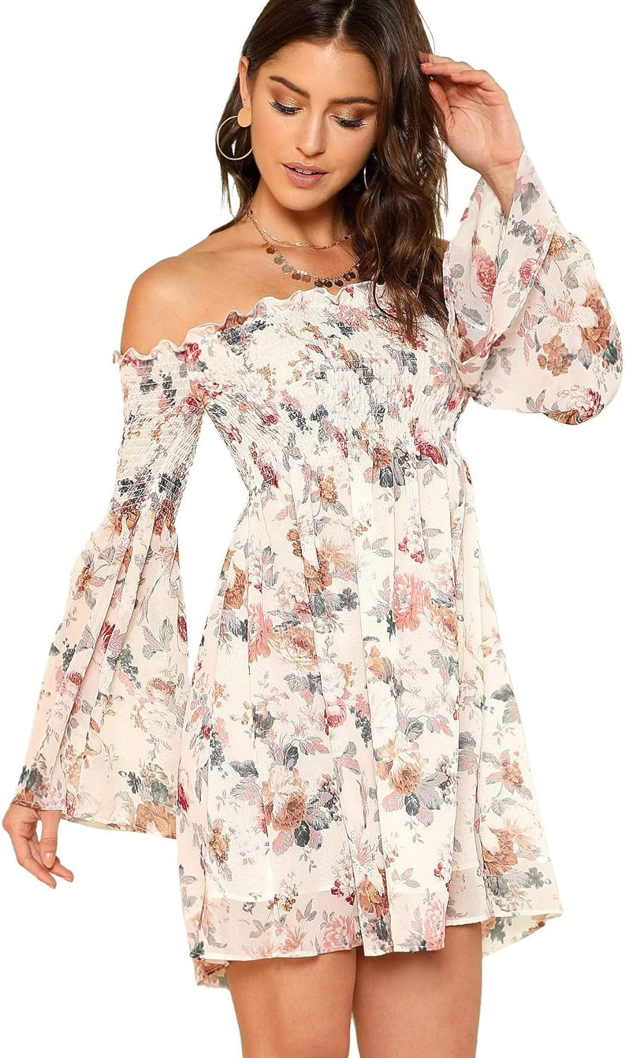 Women'S Casual Floral Print off Shoulder Trumpet Sleeve Swing Dress M White