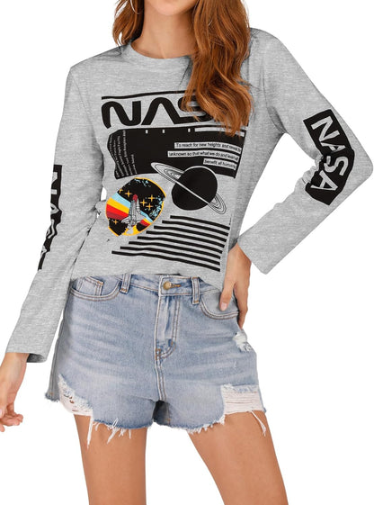 Women Long Sleeve Graphic Shirts NASA Space Letter Print Crew Neck Tee Tops Tshirt