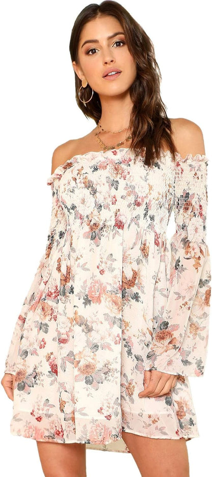 Women'S Casual Floral Print off Shoulder Trumpet Sleeve Swing Dress M White