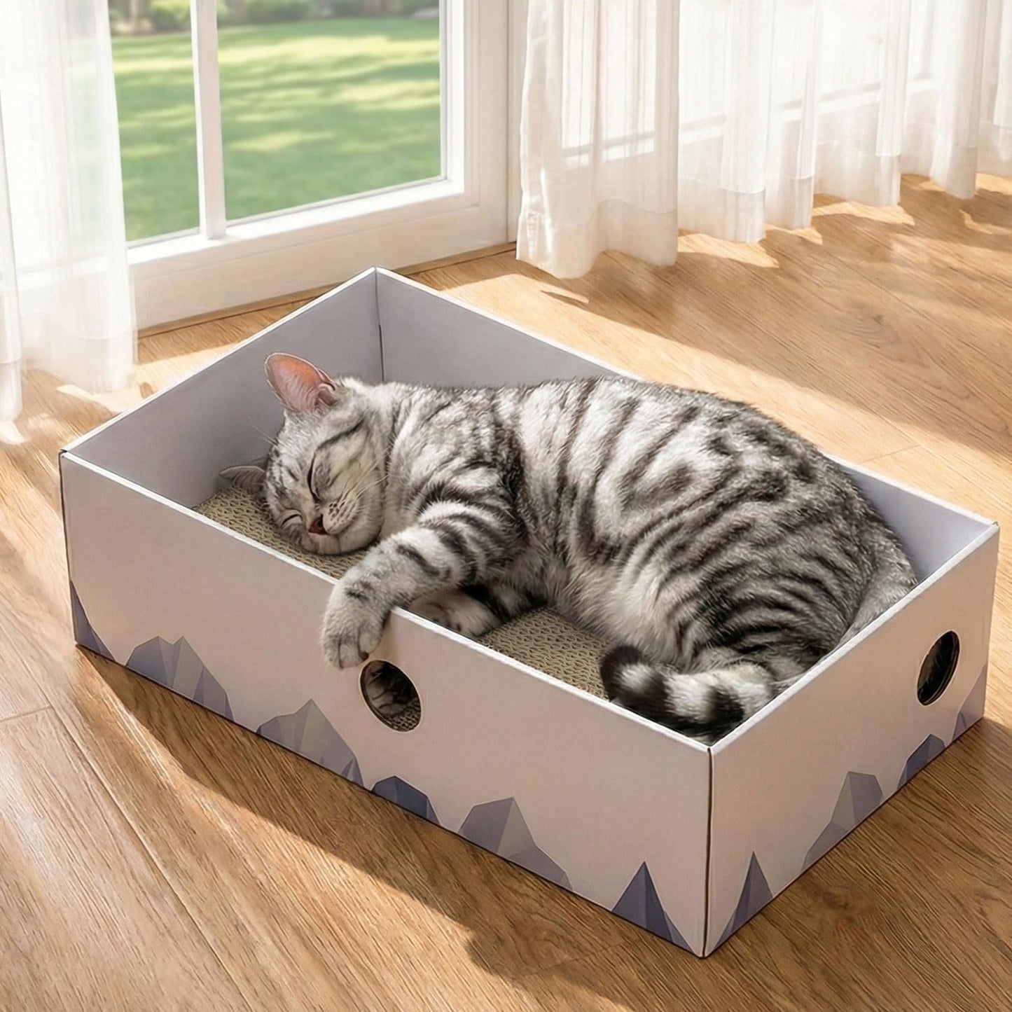 Cat Scratcher Box with Heavy-Duty Double-Sided Cardboard Pad, Cardboard Lounger, Interactive Hole Design, Cat Bed for Indoor Cats, White, Large