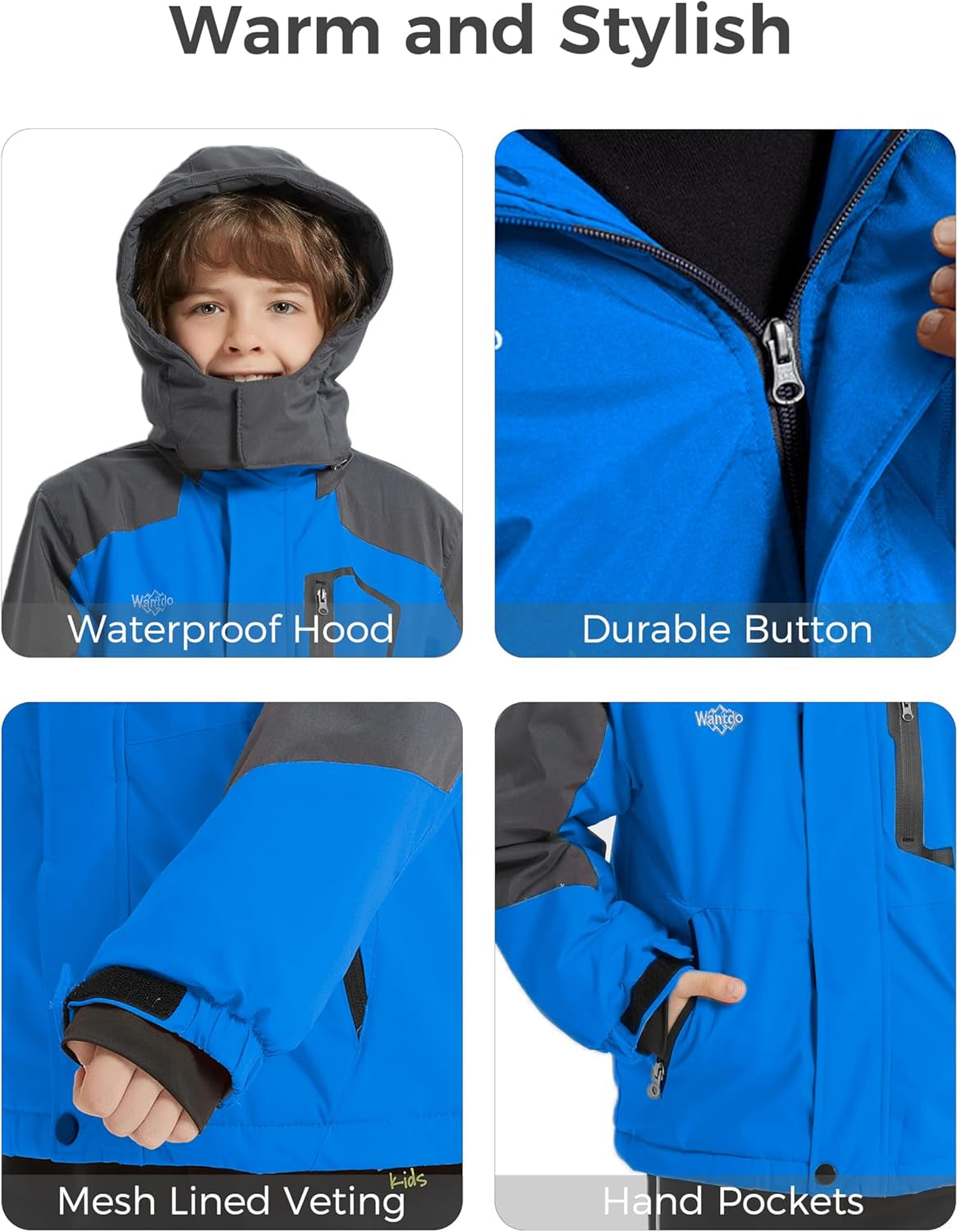 Boy'S Waterproof Ski Jacket Fleece Snowboarding Jackets Warm Thick Winter Coat Hooded Raincoats