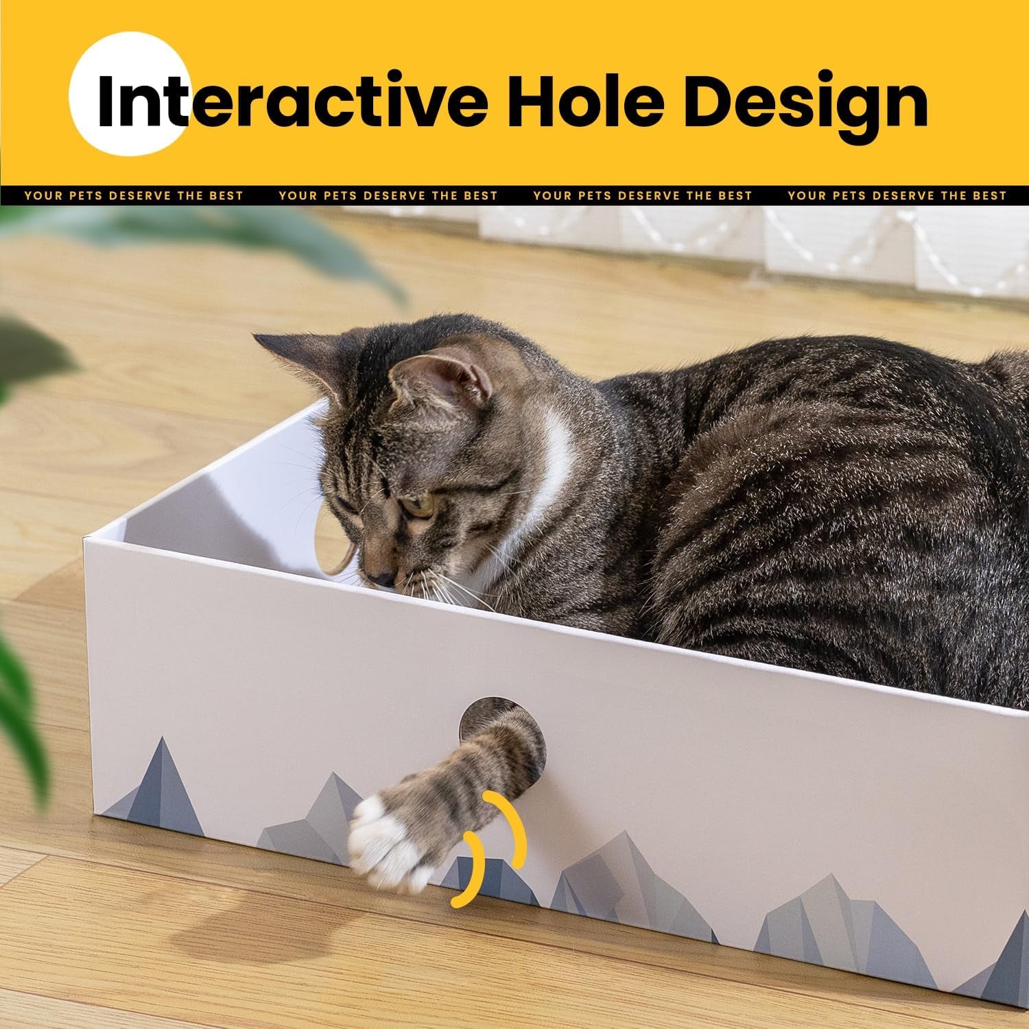 Cat Scratcher Box with Heavy-Duty Double-Sided Cardboard Pad, Cardboard Lounger, Interactive Hole Design, Cat Bed for Indoor Cats, White, Large