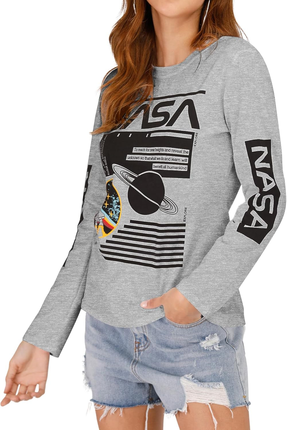 Women Long Sleeve Graphic Shirts NASA Space Letter Print Crew Neck Tee Tops Tshirt