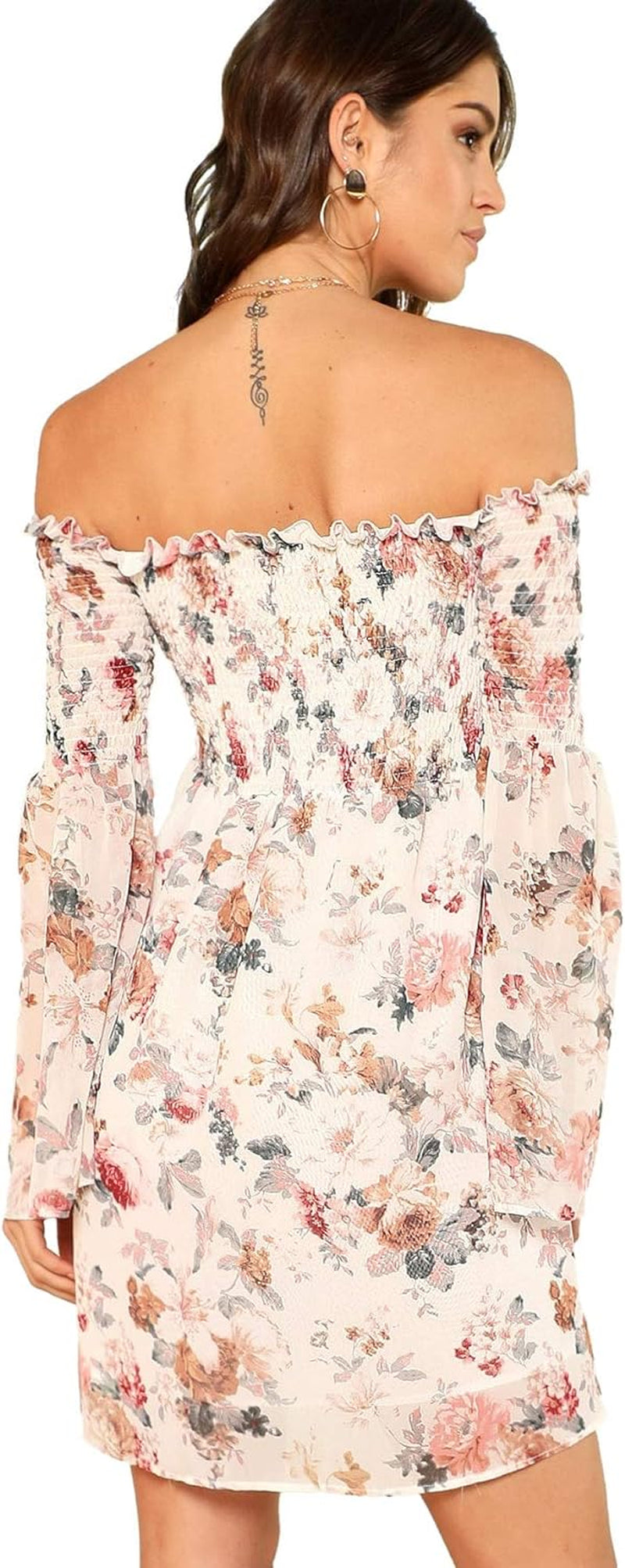 Women'S Casual Floral Print off Shoulder Trumpet Sleeve Swing Dress M White