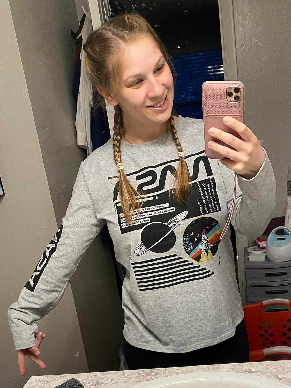 Women Long Sleeve Graphic Shirts NASA Space Letter Print Crew Neck Tee Tops Tshirt