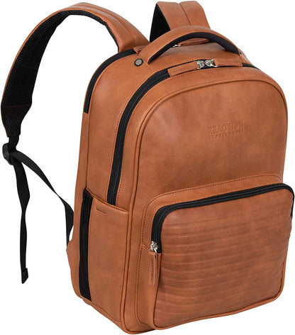 Reaction on Track Pack Vegan Leather 15.6” Laptop & Tablet Bookbag Travel Backpack with Anti-Theft RFID for High School, Work, & Travel, Cognac