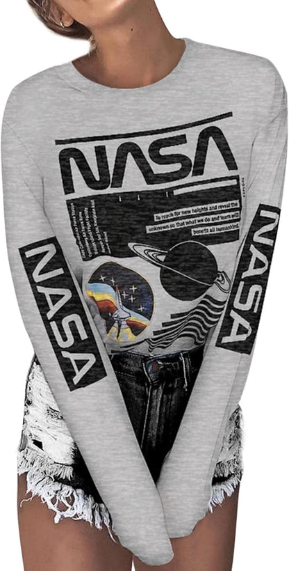 Women Long Sleeve Graphic Shirts NASA Space Letter Print Crew Neck Tee Tops Tshirt