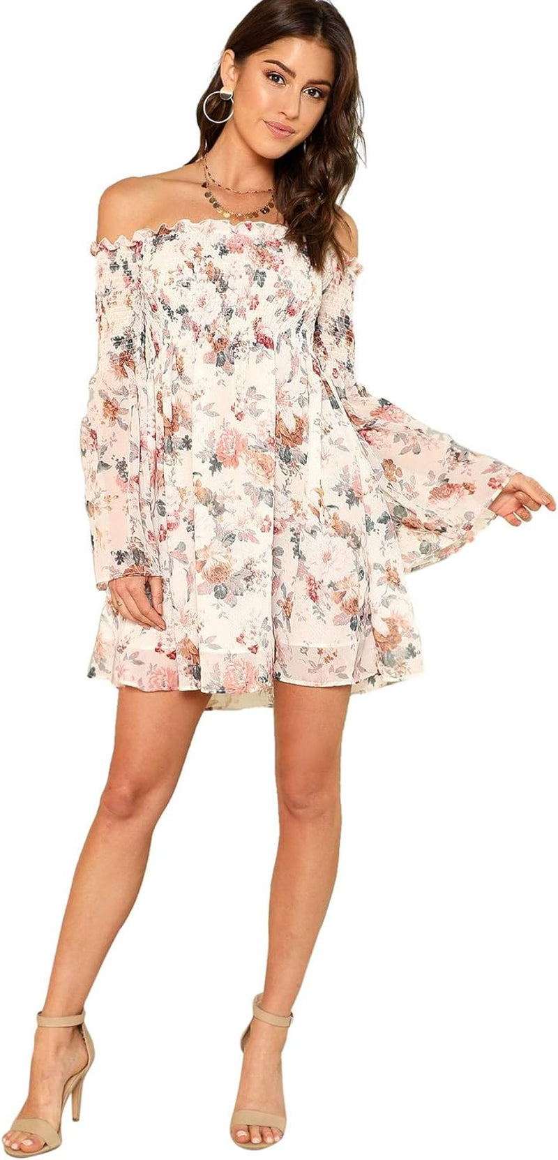 Women'S Casual Floral Print off Shoulder Trumpet Sleeve Swing Dress M White