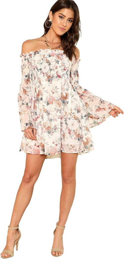 Women'S Casual Floral Print off Shoulder Trumpet Sleeve Swing Dress M White