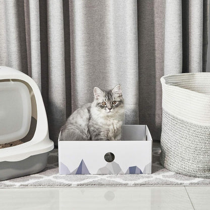 Cat Scratcher Box with Heavy-Duty Double-Sided Cardboard Pad, Cardboard Lounger, Interactive Hole Design, Cat Bed for Indoor Cats, White, Large